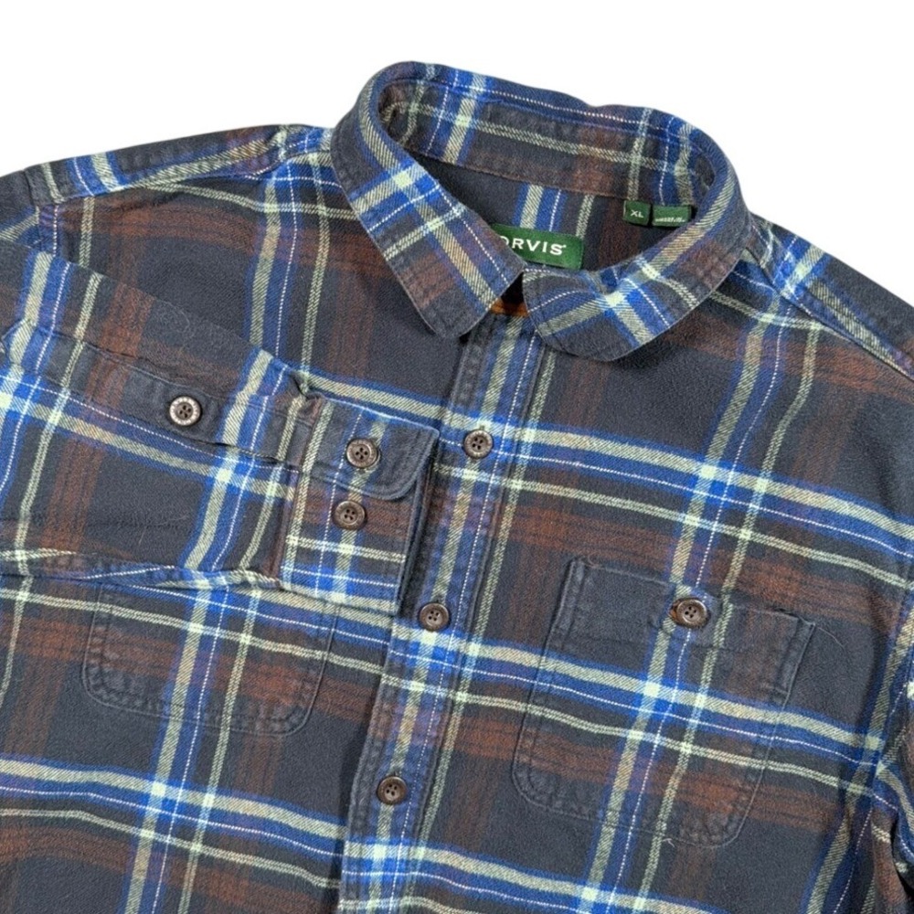 Orvis Flannel Shirt Mens XL Blue Brown Plaid Long Sleeve Button Down